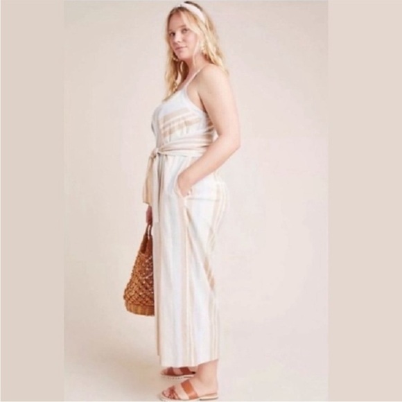 Anthropologie Savannah Jumpsuit Stripe Linen Tan White Neutral Wide Crop Leg 14 - Picture 3 of 16